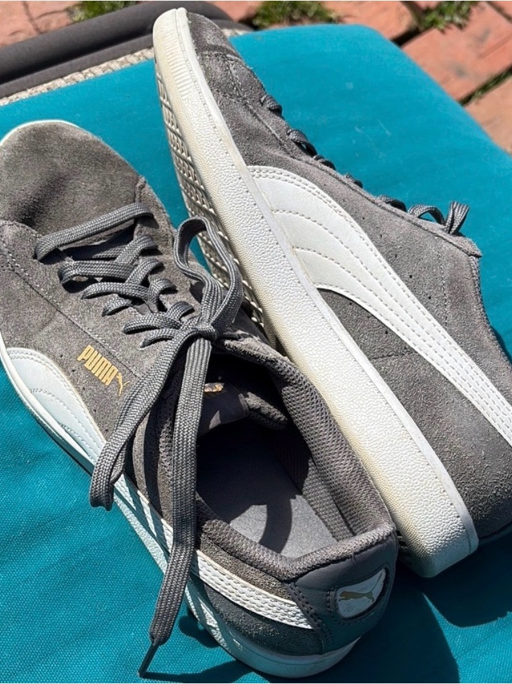Puma Gray Suede Sneakers with White Formstrip and Gold Logo - Picture 2 of 7